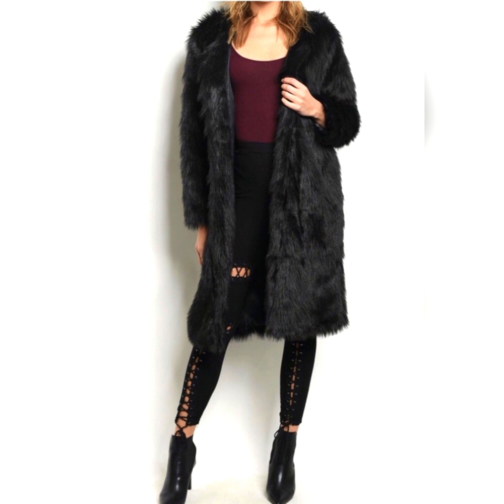 Long Black faux fur coat teddy bear Fashion Nova